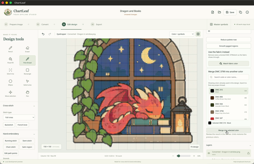 ChartLeaf editor showing a dragon resting on books as an editable cross-stitch grid, with design tools beside the canvas