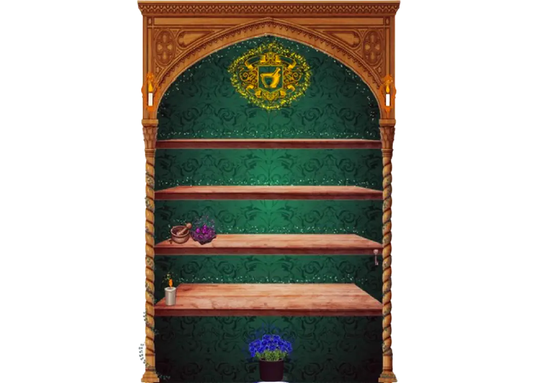 An elegant restored magical pantry with wooden shelves and emerald wallpaper