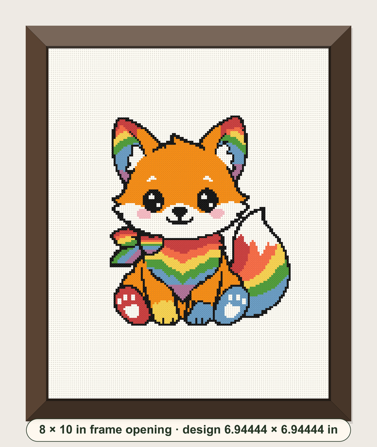 Pride Fox cross-stitch design with rainbow details in a digital frame mockup
